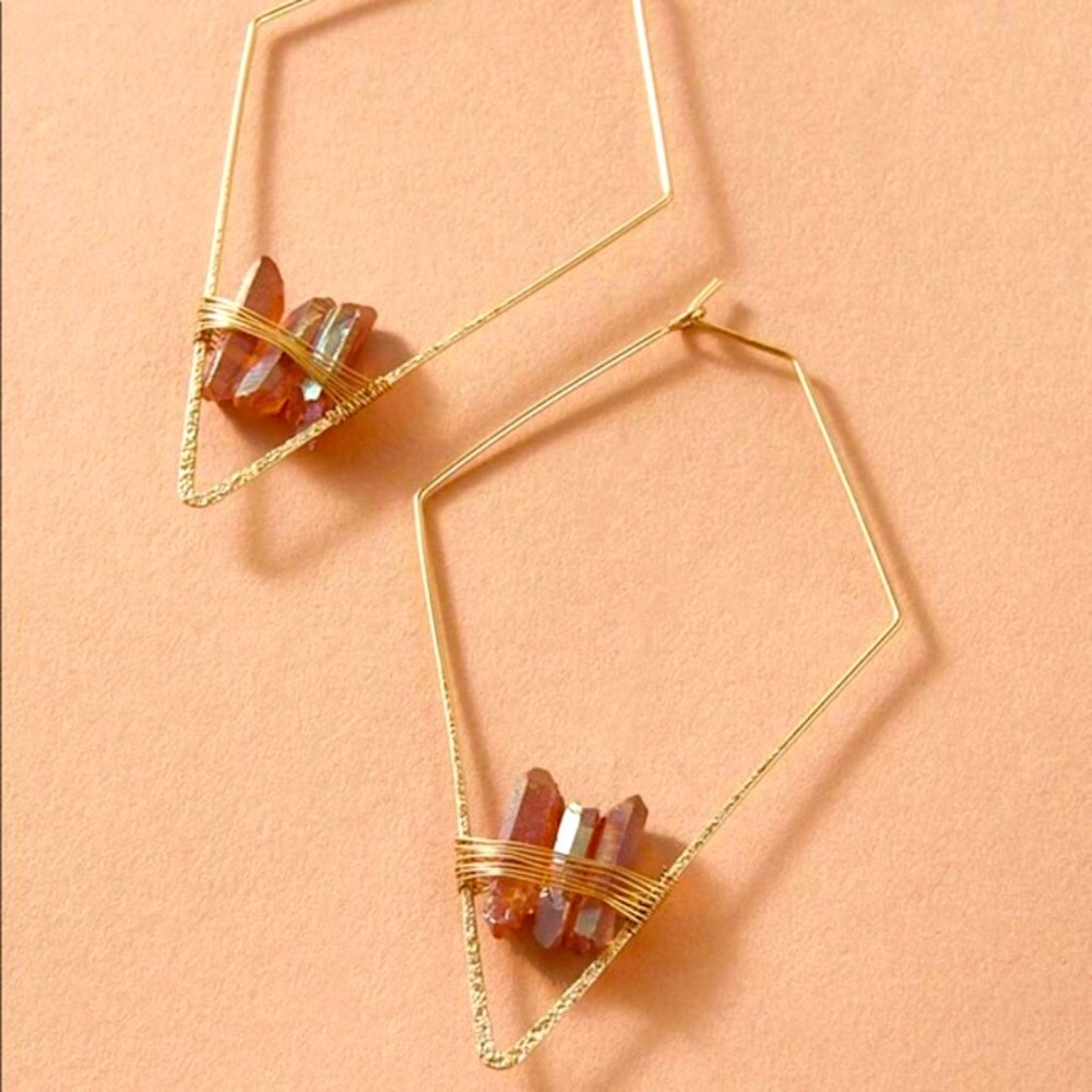 Geometric Quartz Crystal Wired Hoop Boho Earring - Picture 1 of 16